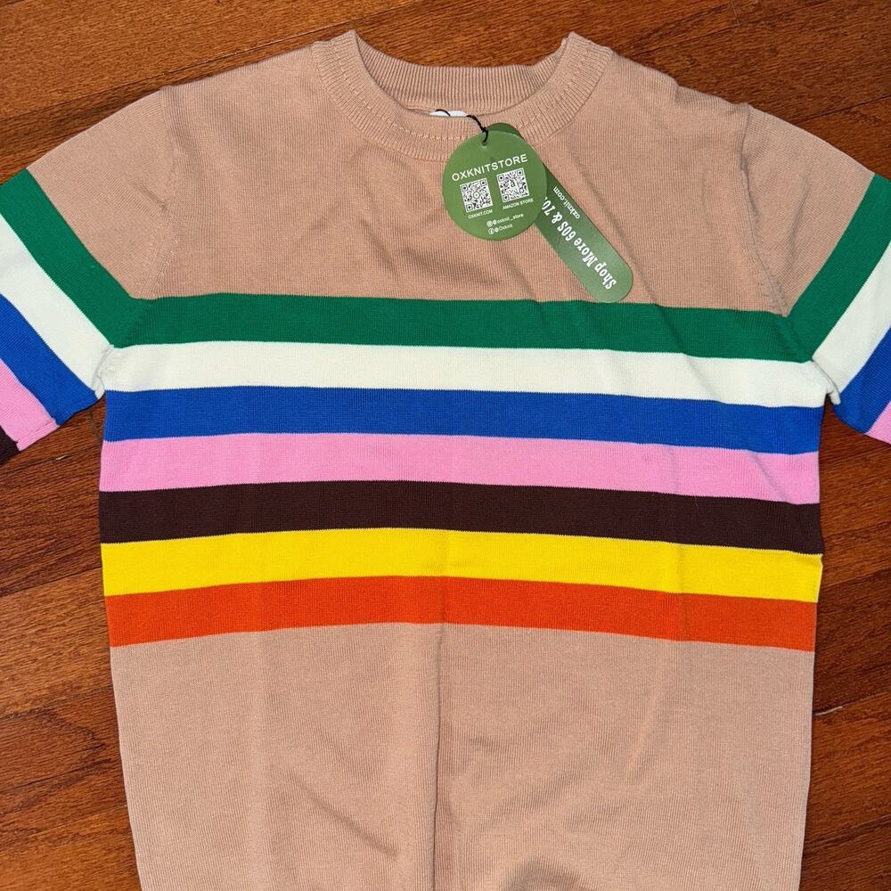 Retro Style Oxknit Multi Colored Striped Cotton Women’s Sweater XL NWT